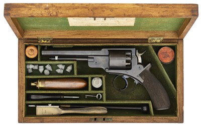 Lot 448 - A VERY RARE CASED 50-BORE PERCUSSION JOHN ADAMS PATENT DOUBLE-ACTION SIX-SHOT REVOLVER