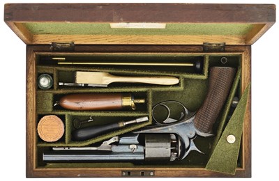 Lot 446 - A RARE CASED 54 BORE PERCUSSION PRYSE & CASHMORE (DAW) PATENT DOUBLE-ACTION FIVE-SHOT REVOLVER