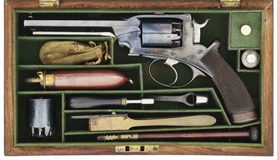 Lot 447 - A CASED 54 BORE PERCUSSION DEANE-HARDING PATENT SECOND MODEL DOUBLE-ACTION FIVE-SHOT REVOLVER