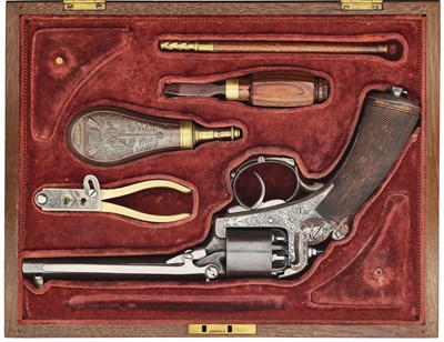 Lot 411 - A CASED LIEGE 80 BORE PERCUSSION MANGEOT & COMBLAIN PATENT SIDE-HAMMER SIX-SHOT REVOLVER