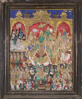 Lot 33 - A THANJAVUR PAINTING DEPICTING THE CORONATION OF RAMA (RAMAPATTABISHEKA), SOUTH INDIA, CIRCA 1900