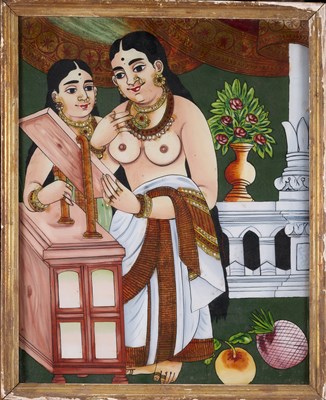 Lot 84 - A REVERSE GLASS PAINTING OF A MAIDEN WITH HER COMPANION, TANJORE (THANJAVUR), CIRCA 1900