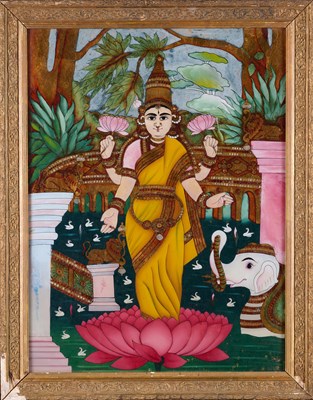 Lot 61 - A REVERSE GLASS PAINTING OF LAKSHMI, TANJORE (THANJAVUR), CIRCA 1900