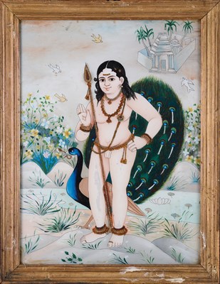 Lot 88 - A REVERSE GLASS PAINTING DEPICTING MURUGAN, TANJORE (THANJAVUR), SOUTH INDIA, CIRCA 1900