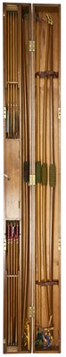 Lot 75 - A CASED SET OF FOUR ALDRED LONGBOWS AND TWO SETS OF ARROWS, LATE 19TH/EARLY 20TH CENTURY