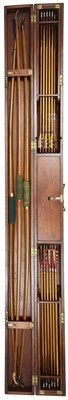 Lot 76 - A CASED SET OF THREE ALDRED LONGBOWS WITH TWO SETS OF ARROWS, LATE 19TH/EARLY 20TH CENTURY