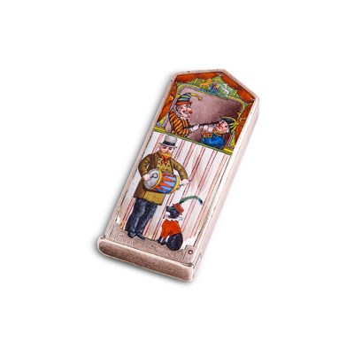 Lot 274 - A VICTORIAN SILVER AND ENAMEL 'PUNCH & JUDY' VESTA CASE, S. MORDAN & CO., LONDON, 1887
