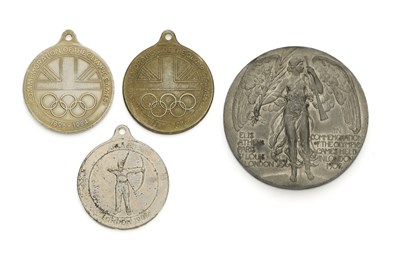 Lot 57 - A PARTICIPATION MEDAL FOR THE 1908 OLYMPIC GAMES, AND THREE ADVERTISING ARCHERY MEDALS