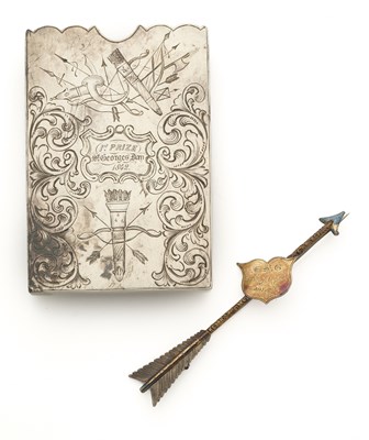 Lot 20 - A FRATERNITY OF ST GEORGE AWARD BROOCH, 1837, AND A PRESENTATION SCORE-CARD CASE DATED 1842