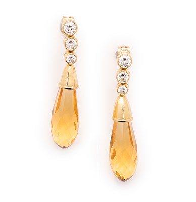 Lot 438 - PAIR OF CITRINE AND DIAMOND PENDENT EARRINGS