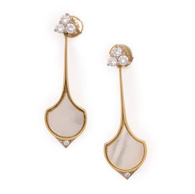 Lot 775 - PAIR OF MOTHER-OF-PEARL AND DIAMOND PENDENT EARRINGS