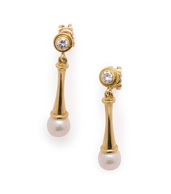 Lot 785 - PAIR OF CULTURED PEARL AND DIAMOND PENDENT EARRINGS