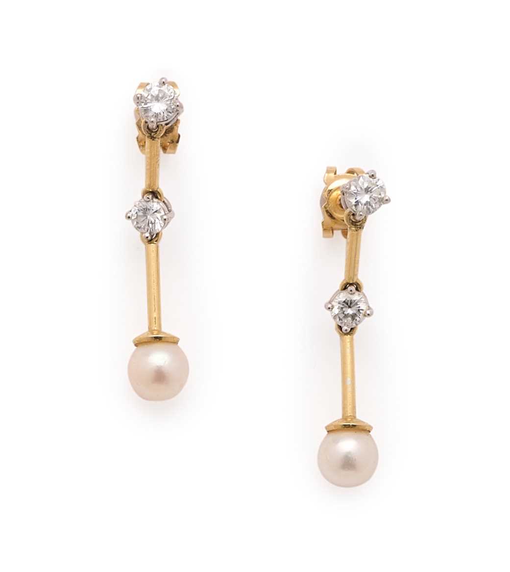 Lot 365 - PAIR OF CULTURED PEARL AND DIAMOND PENDENT EARRINGS