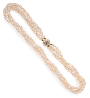 Lot 776 - FRESHWATER CULTURED PEARL, SAPPHIRE AND DIAMOND NECKLACE