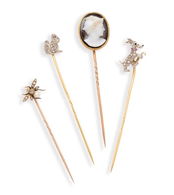 Lot 621 - FOUR DIAMOND AND GEM-SET STICK PINS, LATE 19TH /EARLY 20TH CENTURY