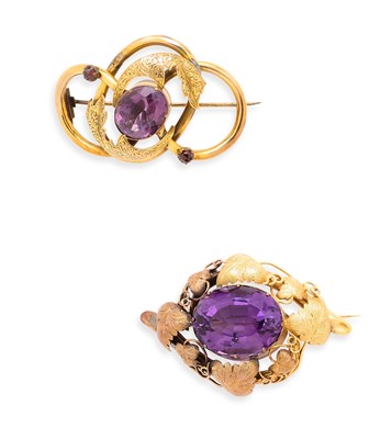 Lot 639 - TWO VICTORIAN AMETHYST AND GOLD BROOCHES, 1860s