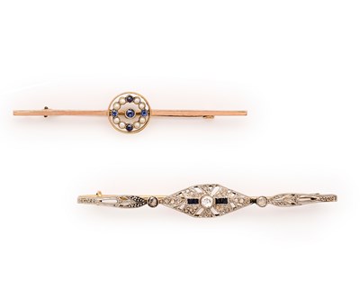 Lot 599 - TWO SAPPHIRE AND GEM-SET BAR BROOCHES, 1920s