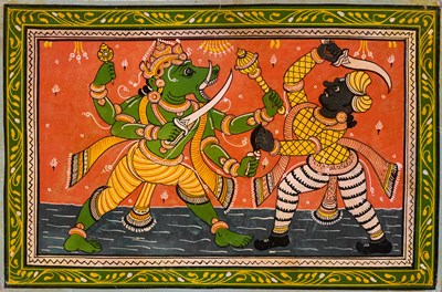 Lot 27 - A DEPICTION OF NARASIMHA FIGHTING THE DEMON KING, ODISHA, INDIA, EARLY 20TH CENTURY