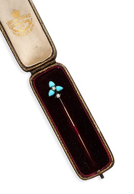 Lot 619 - VICTORIAN, TURQUOISE AND DIAMOND STICK PIN, 1890s