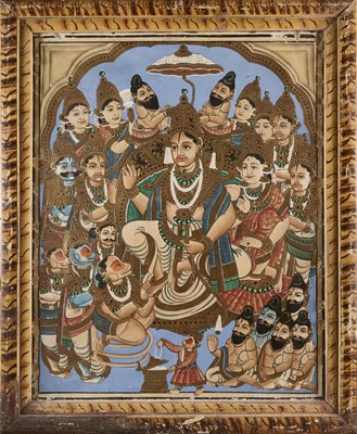 Lot 36 - A LARGE THANJAVUR PAINTING OF THE CORONATION OF RAMA, (RAMAPATTABISHEKA) SOUTH INDIA, CIRCA 1900