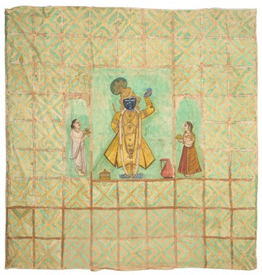 Lot 249 - AN UNUSUAL LARGE POLYCHROME PAINTED CLOTH HANGING (PICHHAVAI), RAJASTHAN, EARLY 20TH CENTURY