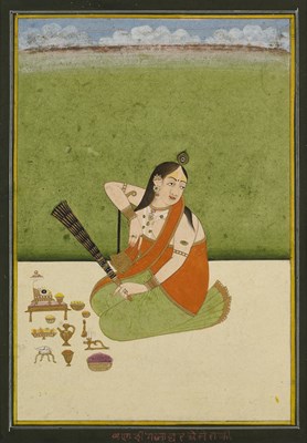 Lot 28 - A DEPICTION OF A SEATED LADY PERFORMING PUJA, JAIPUR, RAJASTHAN, CIRCA 1800