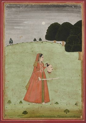 Lot 23 - A DEPICTION OF A LADY HOLDING A MAN'S SEVERED HEAD, MUGHAL, INDIA, 18TH CENTURY