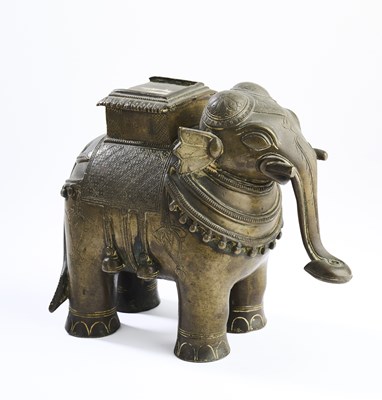 Lot 180 - A BRONZE FIGURE OF AN ELEPHANT, PROBABLY WESTERN DECCAN, INDIA, 18TH/19TH CENTURY