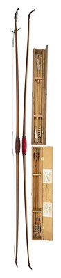 Lot 96 - TWO LONGBOWS BY NAMM AND TWO BOXES OF ARROWS, LATE 19TH/ EARLY 20TH CENTURY
