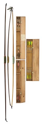 Lot 95 - TWO BOWS BY HUGHES AND A BOW BY PETERSON WITH ARROW BOXES, LATE 19TH/EARLY 20TH CENTURY