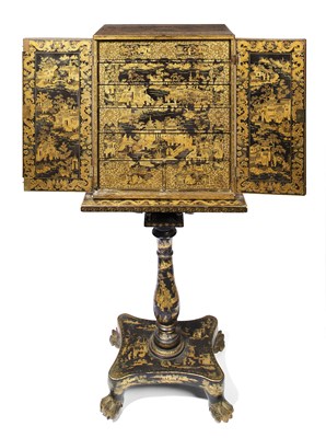 Lot 32 - A GOOD CHINESE EXPORT GILT DECORATED BLACK LACQUER COLLECTOR'S CABINET ON STAND, CIRCA 1815