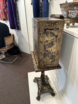 Lot 32 - A GOOD CHINESE EXPORT GILT DECORATED BLACK LACQUER COLLECTOR'S CABINET ON STAND, CIRCA 1815