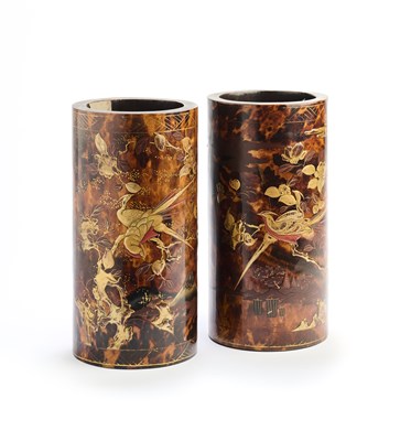 Lot 159 - A PAIR OF JAPANESE LACQUERED WOOD AND TORTOISESHELL BRUSHPOTS, CIRCA 1900