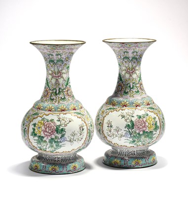 Lot 98 - A PAIR OF CHINESE CANTON ENAMEL VASES, 20TH CENTURY