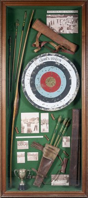 Lot 117 - A FRAMED DISPLAY OF 20TH CENTURY ARCHERY TACKLE