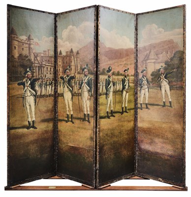Lot 3 - A PAINTED LEATHER SCREEN, ROYAL COMPANY OF ARCHERS, FORTNUM & MASON, 20TH CENTURY