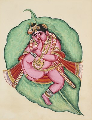 Lot 34 - A DEPICTION OF THE CHILD KRISHNA LYING ON A BANYAN LEAF, TAMIL NADU, CIRCA 1830