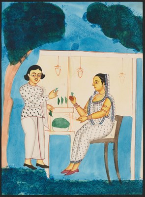 Lot 337 - A KALIGHAT PAINTING OF A COUPLE PREPARING BETEL LEAVES, BENGAL, INDIA, CIRCA 1860