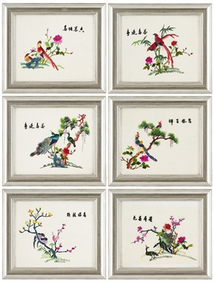 Lot 61 - A SET OF SIX CHINESE EMROIDERED SILK PANELS DEPICTING BIRDS