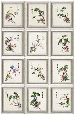 Lot 62 - A SET OF TWELVE CHINESE EMBROIDERED SILK PANELS DEPICTING BIRDS