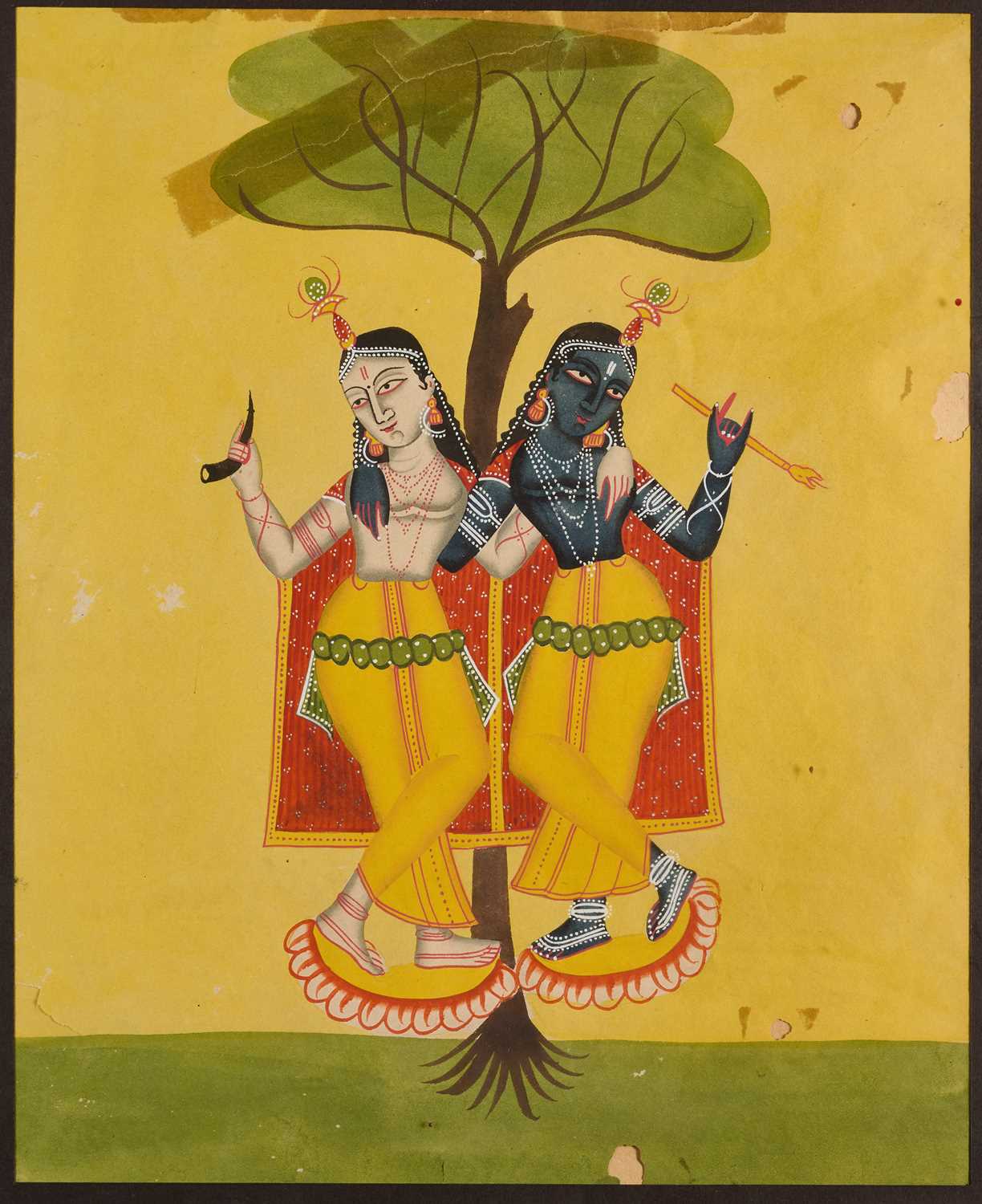 Lot 24 - A KALIGHAT PAINTING DEPICTING KRISHNA AND BALARAMA, BENGAL, INDIA, CIRCA 1890