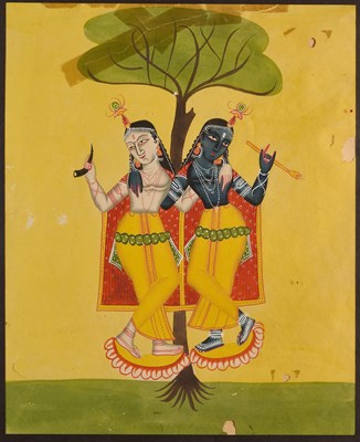 Lot 333 - A KALIGHAT PAINTING DEPICTING KRISHNA AND BALARAMA, BENGAL, INDIA, CIRCA 1890