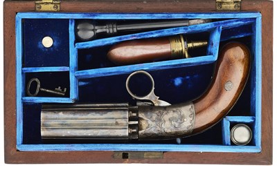 Lot 430 - A CASED 80 BORE PERCUSSION J.R. COOPER PATENT SELF-COCKING UNDER-HAMMER SIX-SHOT REVOLVER