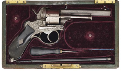 Lot 423 - A FINE CASED BOHEMIAN 50-BORE PIN-FIRE DOUBLE-ACTION SIX-SHOT REVOLVER, BY LEBEDA A PRAGUE