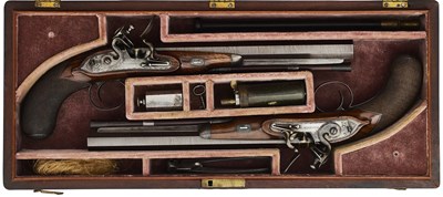 Lot 390 - A CASED PAIR OF 40 BORE FLINTLOCK DUELLING PISTOLS, BY FISHER, LONDON, EARLY 19TH CENTURY
