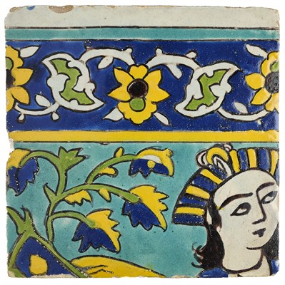 Lot 136 - A LATE SAFAVID OR ZAND CUERDA SECA TILE, PERSIA, 17TH/18TH CENTURY