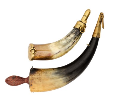 Lot 596 - A LIGHT INFANTRY POWDER-HORN, AND A GUNNER’S NAVAL POWDER-HORN, EARLY 19TH CENTURY