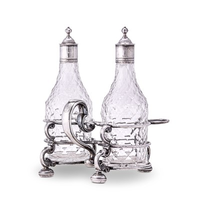 Lot 240 - A GEORGE I SILVER TWO-BOTTLE CRUET STAND, SIMON PANTIN, LONDON, 1724