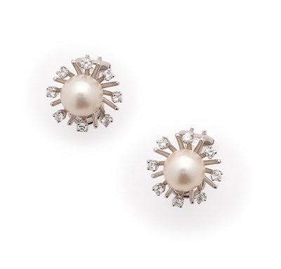 Lot 382 - PAIR CULTURED PEARL AND DIAMOND EAR CLIPS
