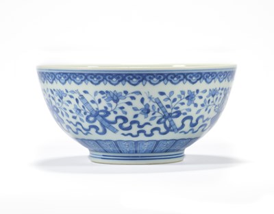 Lot 14 - A CHINESE BLUE AND WHITE 'EIGHT DOAIST EMBLEMS' BOWL, JIAQING MARK AND PERIOD (1796-1820)
